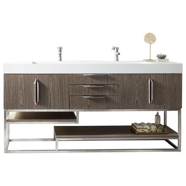James Martin Columbia 72" Double Bathroom Vanity in Ash Gray and Brushed Nickel with 10 cm Glossy White Solid Surface Top and Rectangular Sink, , large
