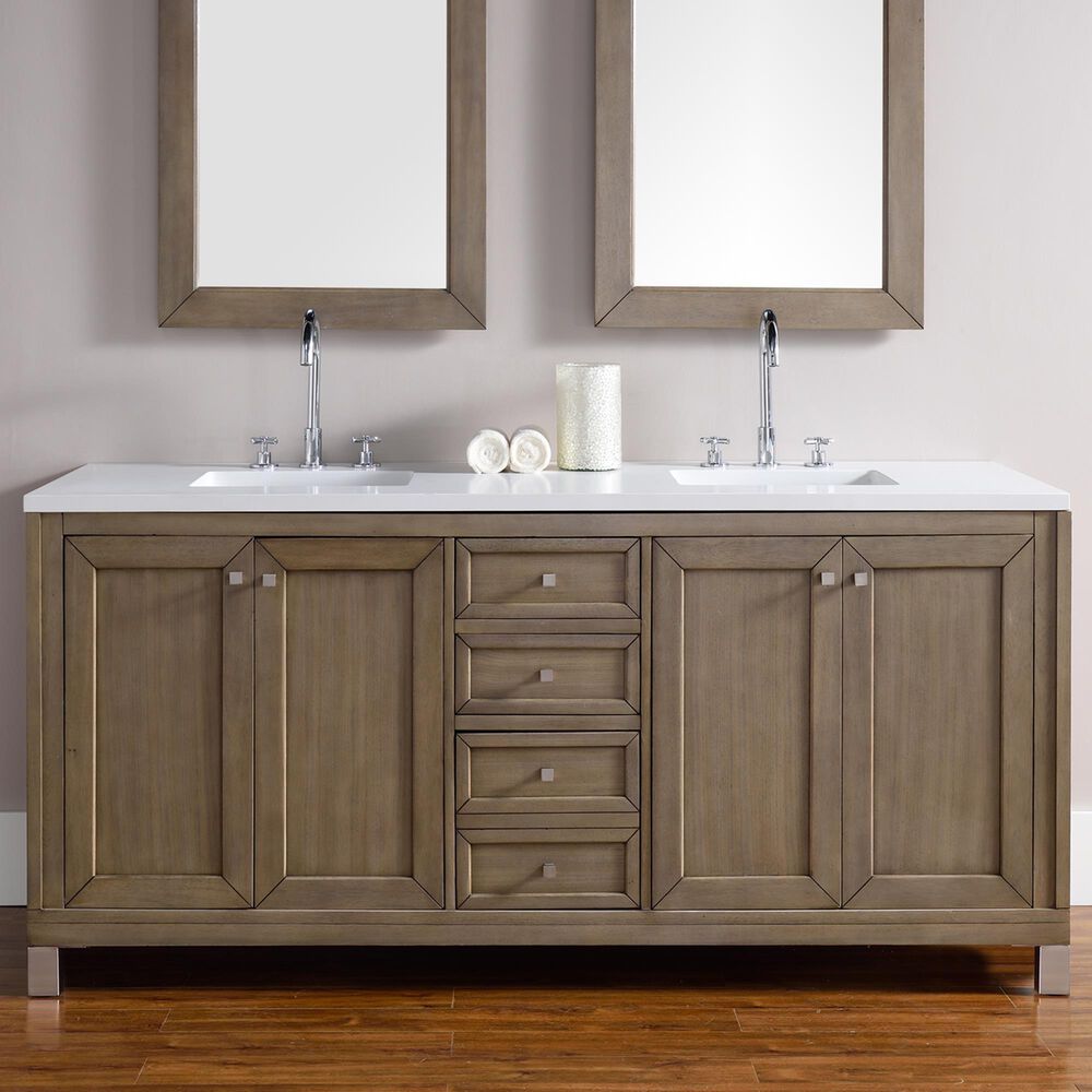 James Martin Vanities Chicago 72&quot; Double Bathroom Vanity in White Washed Walnut with 3 cm White Zeus Quartz Top and Rectangular Sinks, , large