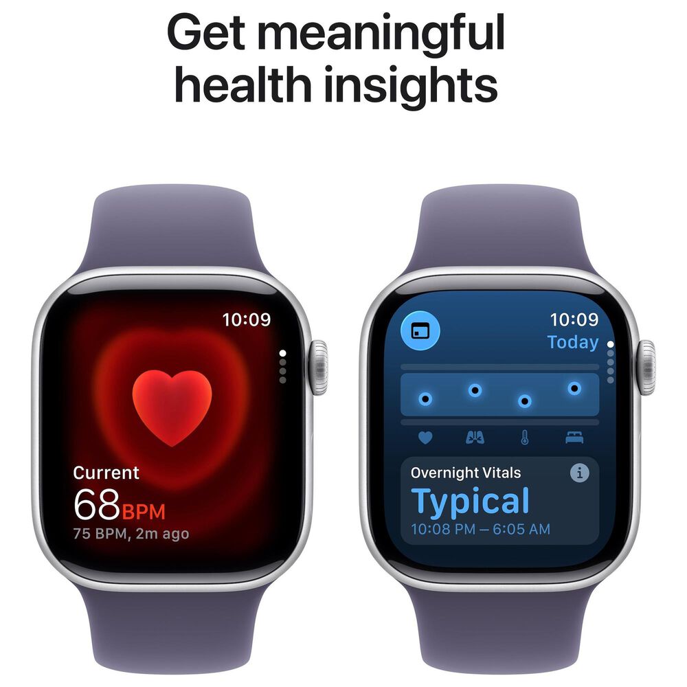 Apple Watch Series 11 (GPS+Cellular) 42mm Aluminum Case with Purple Fog - S/M Sport Band in Silver and 2-Year AppleCare+, , large