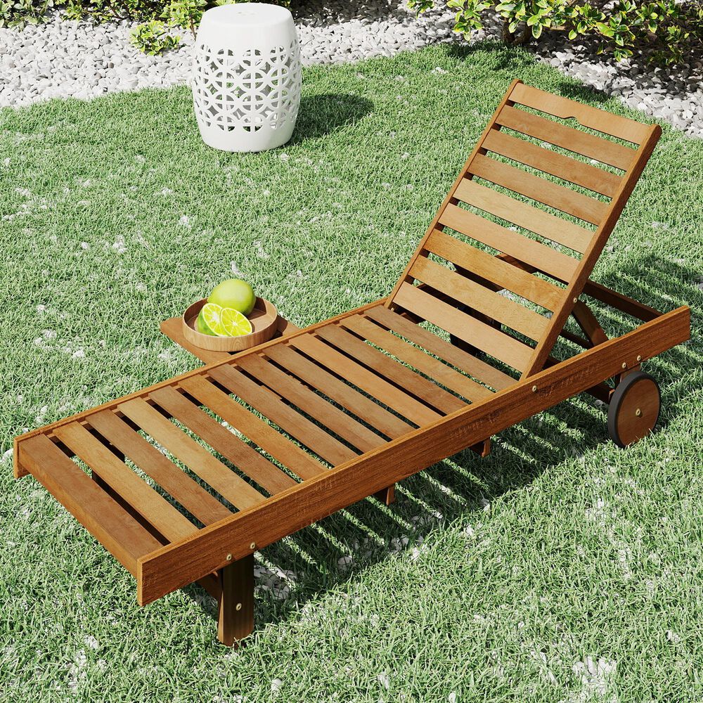 Noviland Patio Lounge Chair Chaise with Side Tray and Wheels in Natural, , large