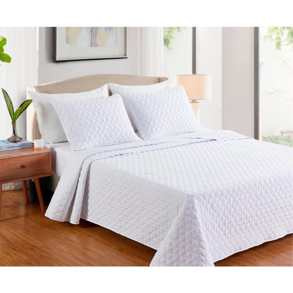 Jiangsu Royal Home Diamond Stitch Quilt 3pc-White-F/Q, , large