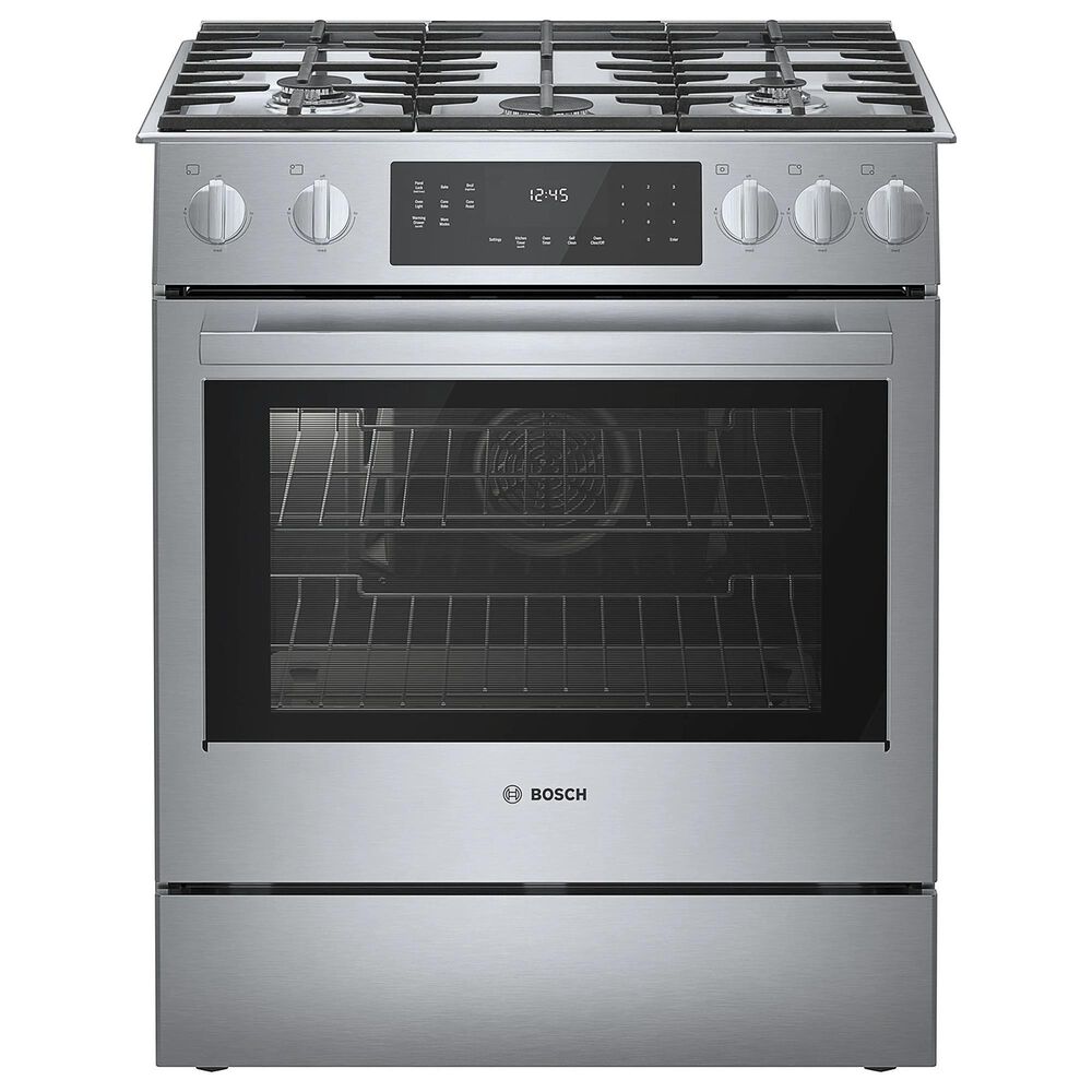 Bosch 800 Series 2-Piece Kitchen Package with 4.8 Cu. Ft. Gas Slide-in Range and 1.9 Cu. Ft. Over-The-Range Microwave in Stainless Steel, , large
