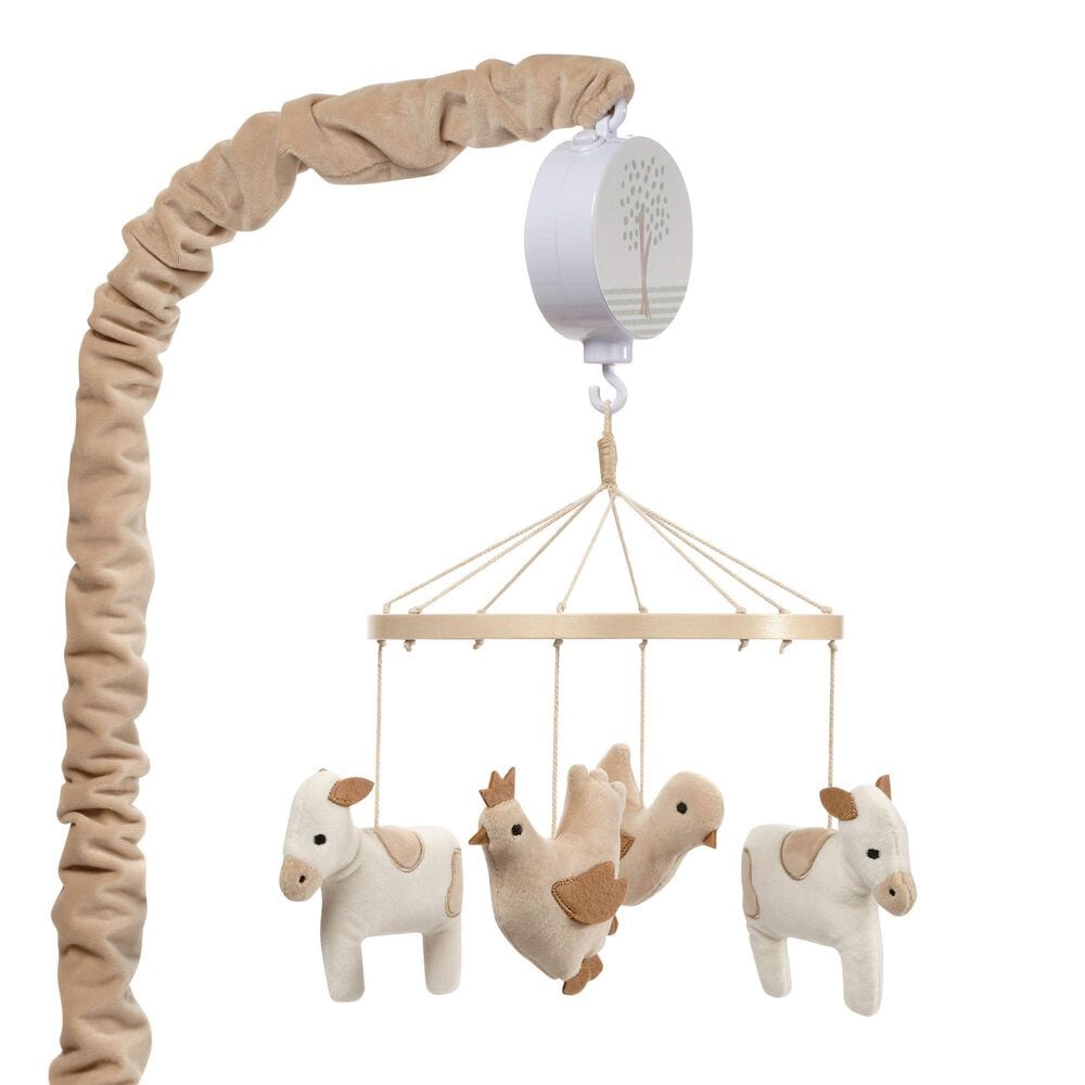 Lambs &amp; Ivy Farmyard Friends Musical Baby Crib Mobile in White and Light Taupe, , large