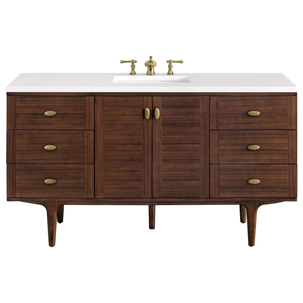James Martin Vanities Amberly 60" Single Bathroom Vanity in Walnut with 3 cm White Zeus Quartz Top and Rectangular Sink, , large