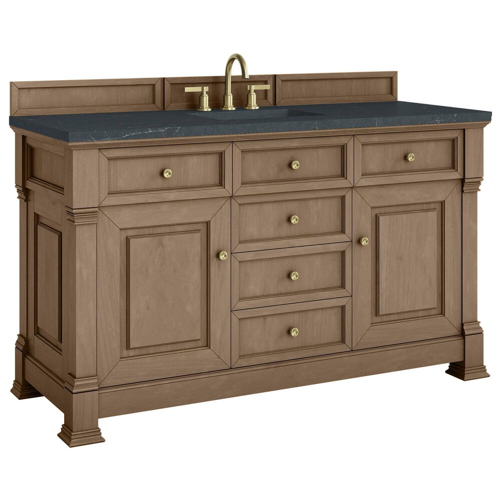 James Martin Vanities Brookfield 60" Single Bathroom Vanity in Pecan with 3 cm Charcoal Soapstone Quartz Top and Rectangular Sink, , large
