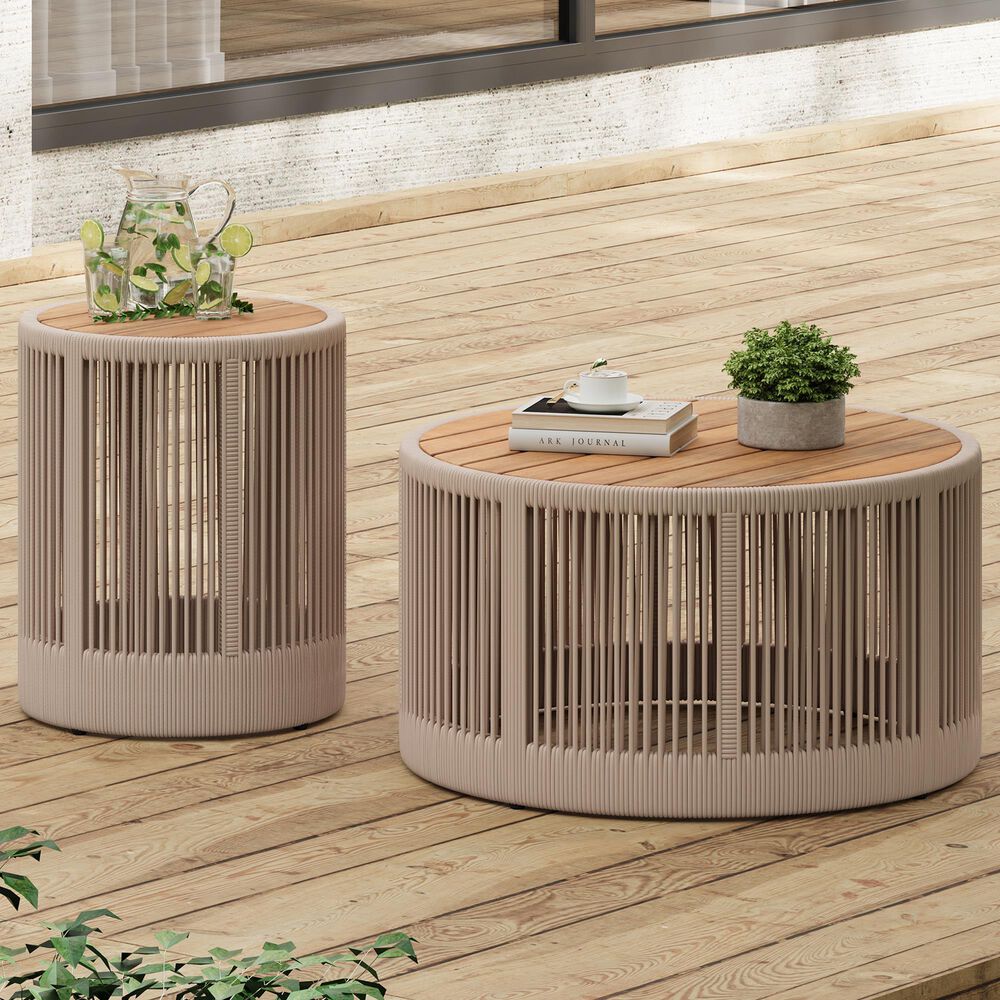 Hearth and Haven 2-Piece Outdoor Coffee Table and Side Table Set with Woven Rope Design in Beige and Teak, , large