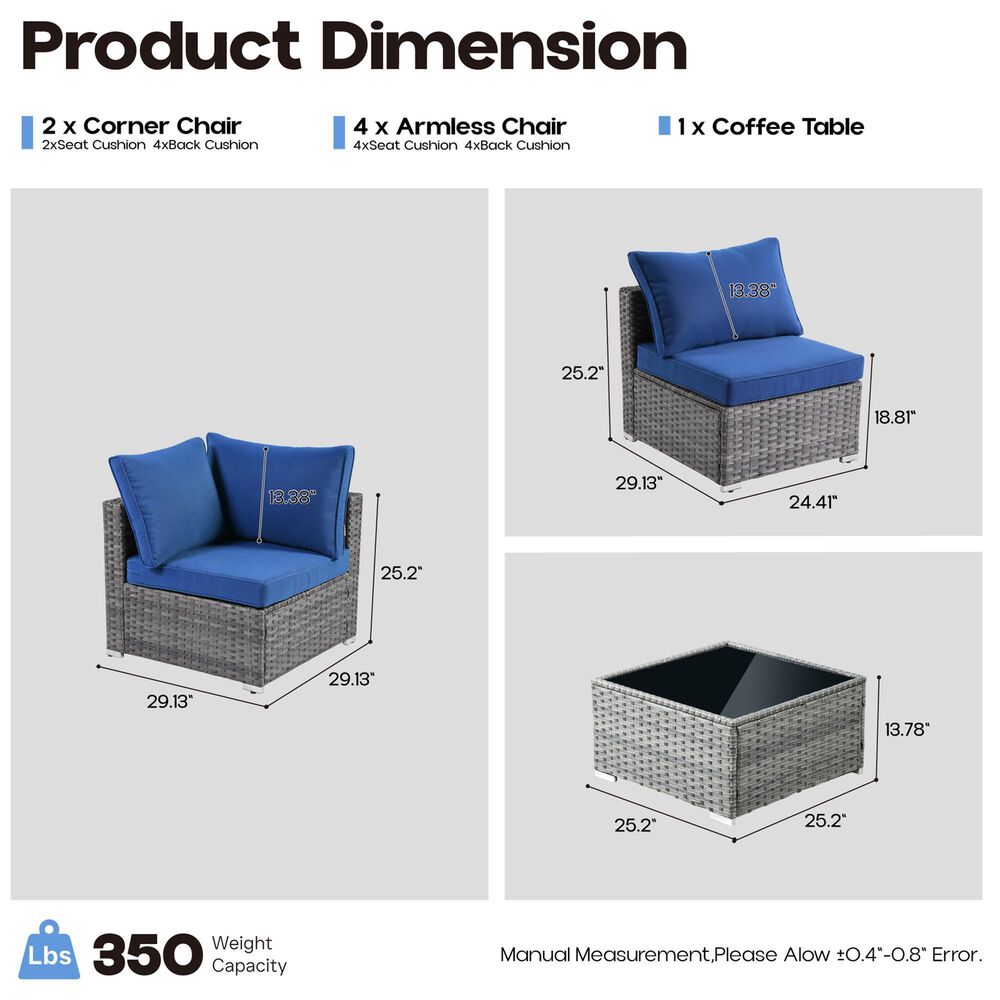 HOMLUX 7-Piece Patio Conversation Set with Grey Wicker in Navy Blue, , large