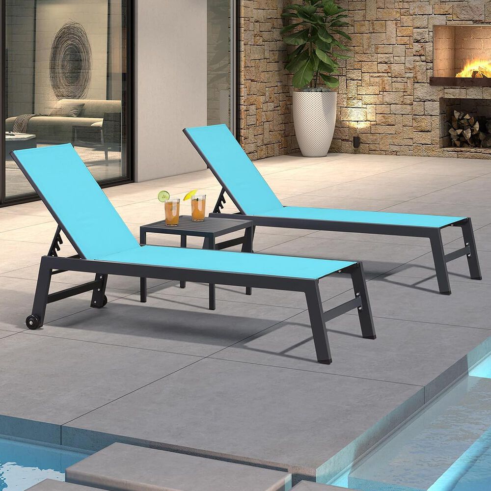 HOMLUX 3-Piece Patio Chaise Lounge Set with Wheels in Turquoise Blue, , large
