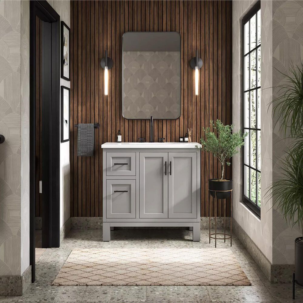 Kohler Quo 36&quot; Single Bathroom Vanity in Mohair Grey with 3 cm Pure White Quartz Top and Oval Sink, , large