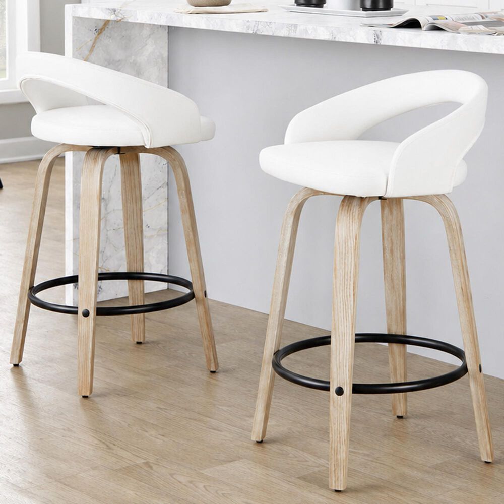 LumiSource Grotto Swivel Counter Stool with White Faux Leather Upholstery in Whitewashed Wood and Black (Set of 2), , large