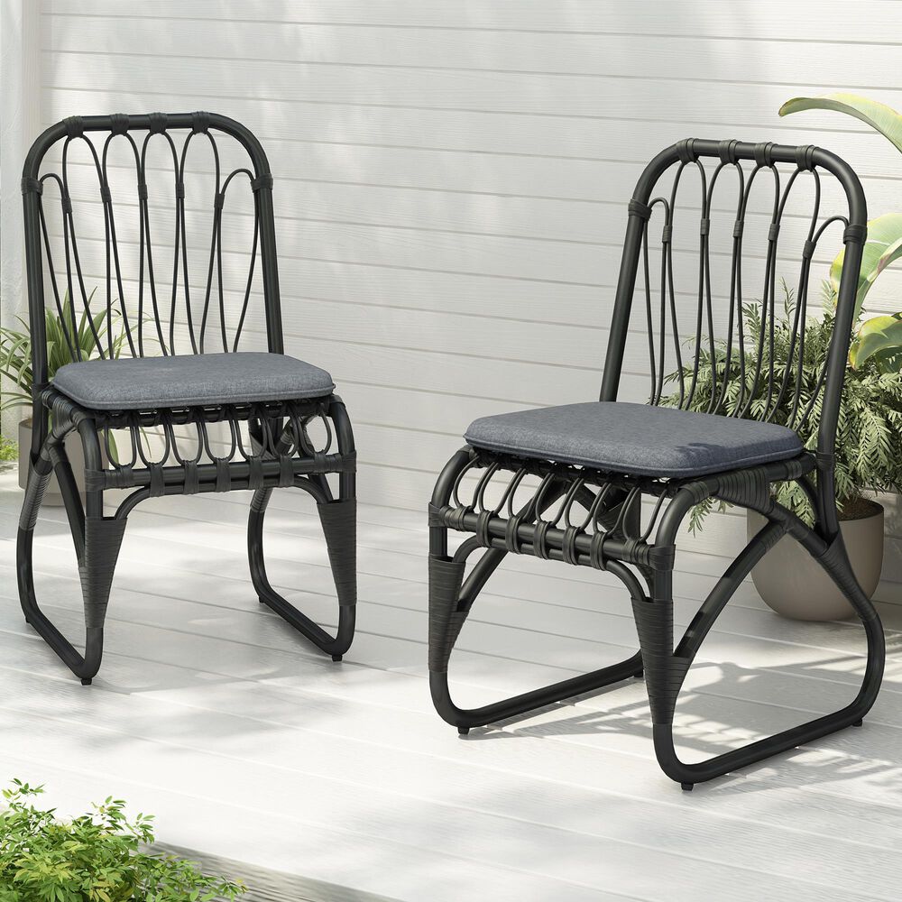 Hearth and Haven Outdoor PE Wicker Dining Chair with Gray Cushion in Black &#40;Set of 2&#41;, , large
