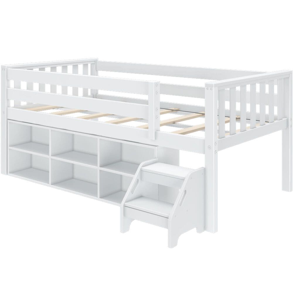 Birch Hollow Scandinavian Low Loft Twin Bed with Bookcase and Stepstool in White, , large
