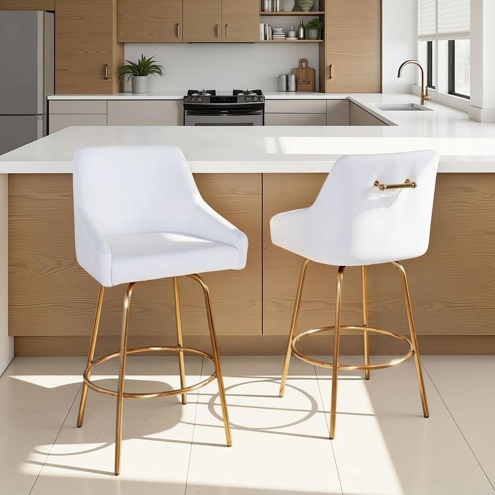 LumiSource Hannah Swivel Counter Stool with White Faux Leather Upholstery in Gold (Set of 2), , large