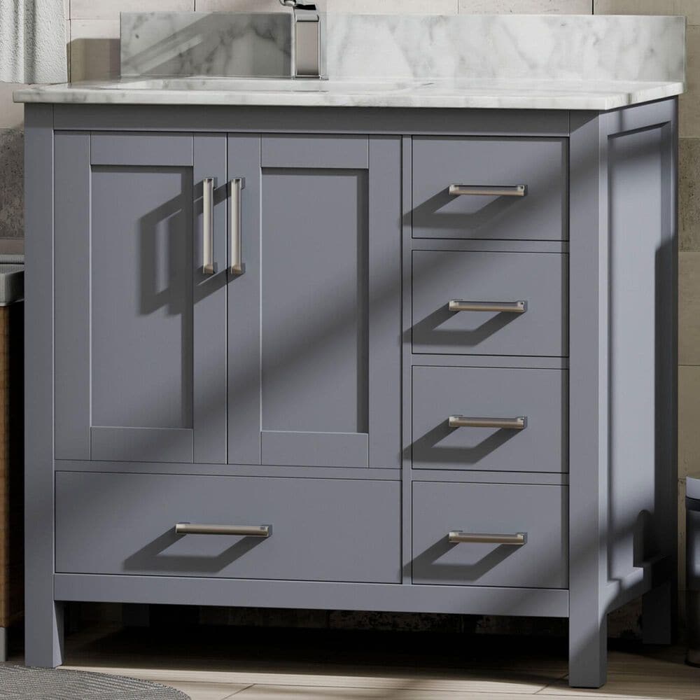 Lexora Home Jacques 36" Left Offset Single Bathroom Vanity in Dark Grey with 2 cm White Carrara Marble Top and Rectangular Sink, , large
