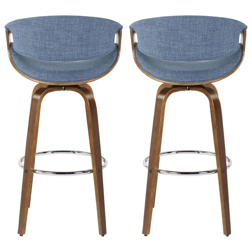 LumiSource Curvini 30" Swivel Barstool with Blue Upholstery in Walnut and Chrome (Set of 2), , large