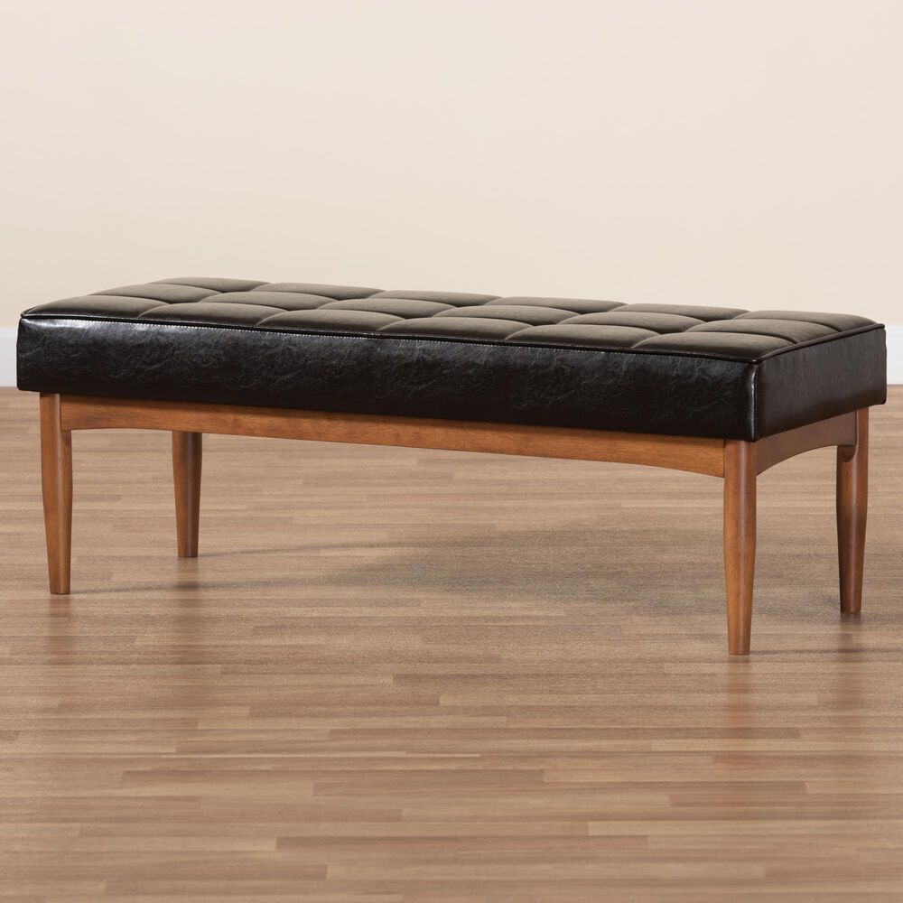 Baxton Studio Sanford Dining Bench with Dark Brown Cushion in Walnut Brown, , large