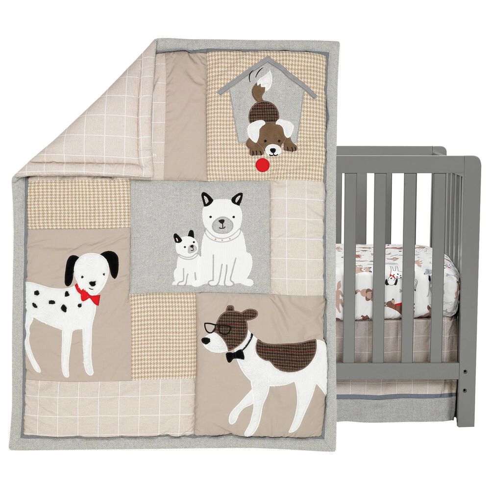 Lambs and Ivy Bow Wow Puppy 3-Piece Baby Crib Bedding Set in Brown, Gray and Tan, , large