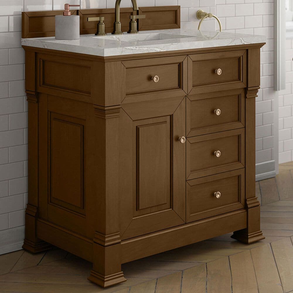James Martin Vanities Brookfield 36" Single Bathroom Vanity in Honey Oak with 3 cm Victorian Silver Quartz Top and Rectangular Sink, , large