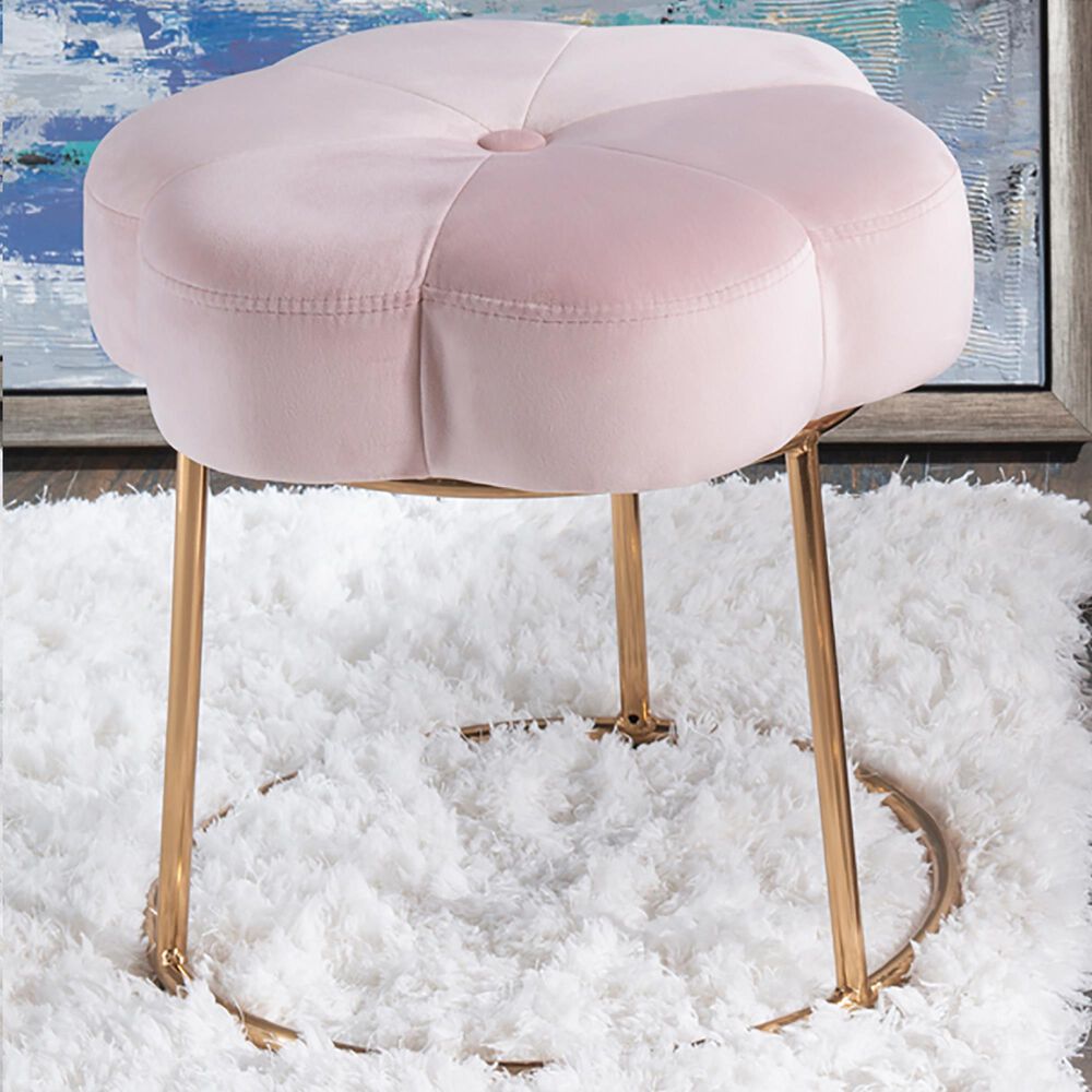Linden Boulevard Flower Vanity Stool with Gold Base in Pink, , large