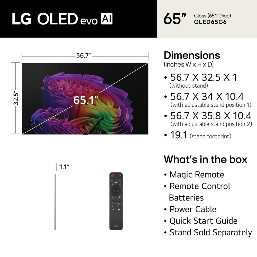 LG 65" Class G6 Series OLED evo AI 4K with Supplied Flush Wall Mount in Black - Smart TV, , large