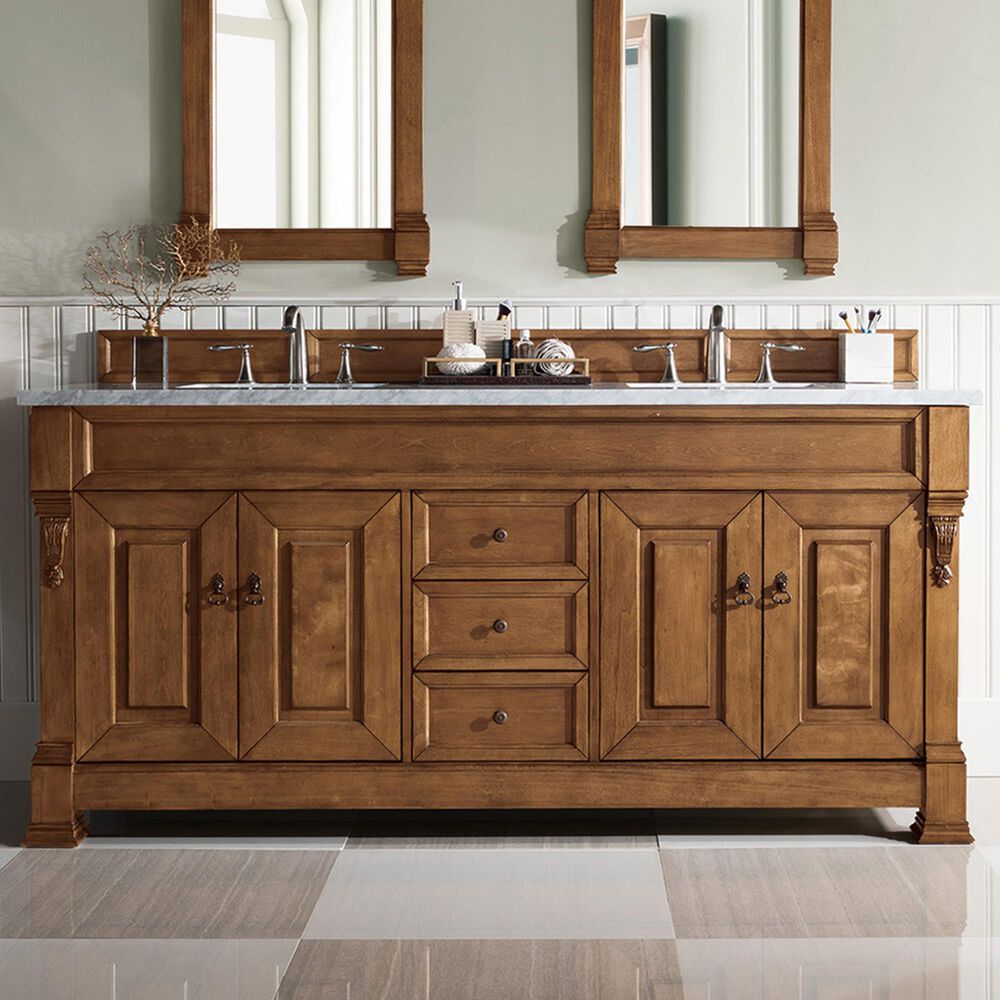 James Martin Vanities Brookfield 72&quot; Double Bathroom Vanity in Country Oak with 3 cm Carrara White Marble Top and Rectangle Sink, , large
