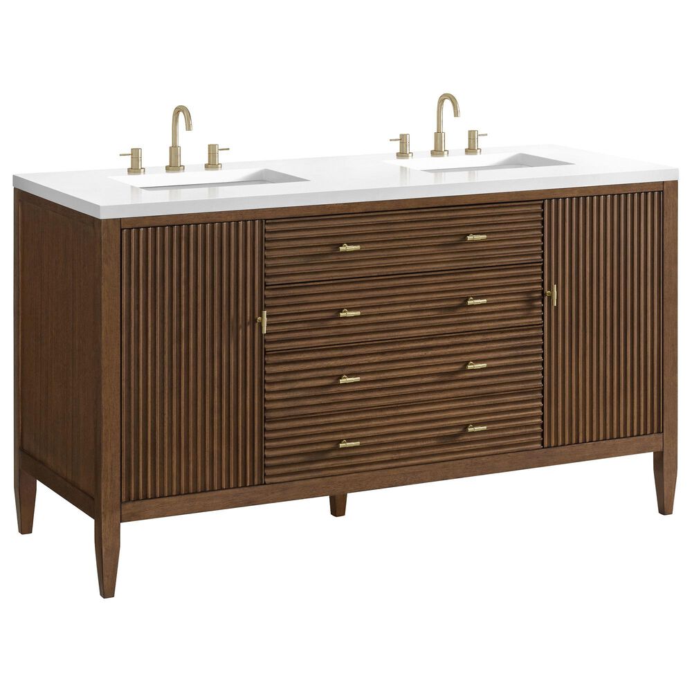 James Martin Vanities Mirin 60" Double Vanity in Mid Century Walnut with 3 cm White Zeus Quartz Top, , large