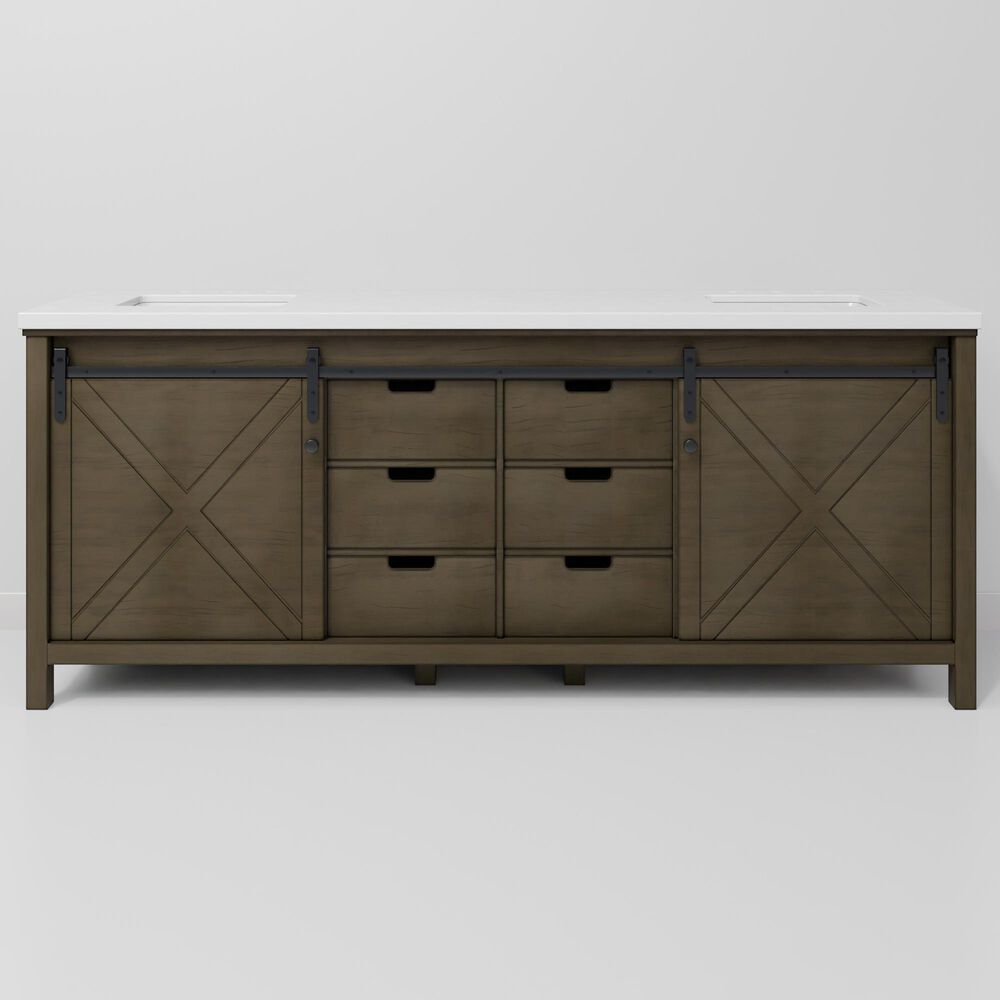 Lexora Home Marsyas 84&quot; Double Bathroom Vanity in Rustic Brown with White Quartz Top and Rectangular Sinks, , large