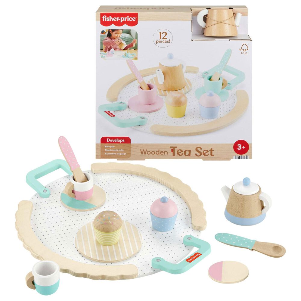 Fisher Price Wooden Tea Set with Teapot, Cups and Saucers in Multicolor, , large