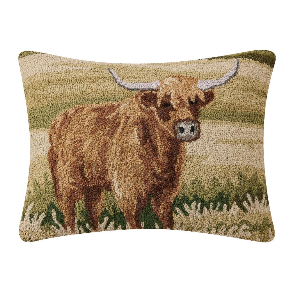 Peking Handicraft Highland Cattle Hooked 16" x 20" Throw Pillow in Brown and Green, , large