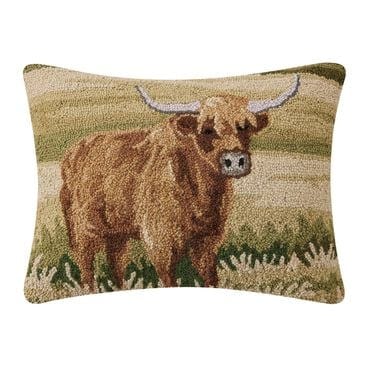 Peking Handicraft Highland Cattle Hooked 16" x 20" Throw Pillow in Brown and Green, , large