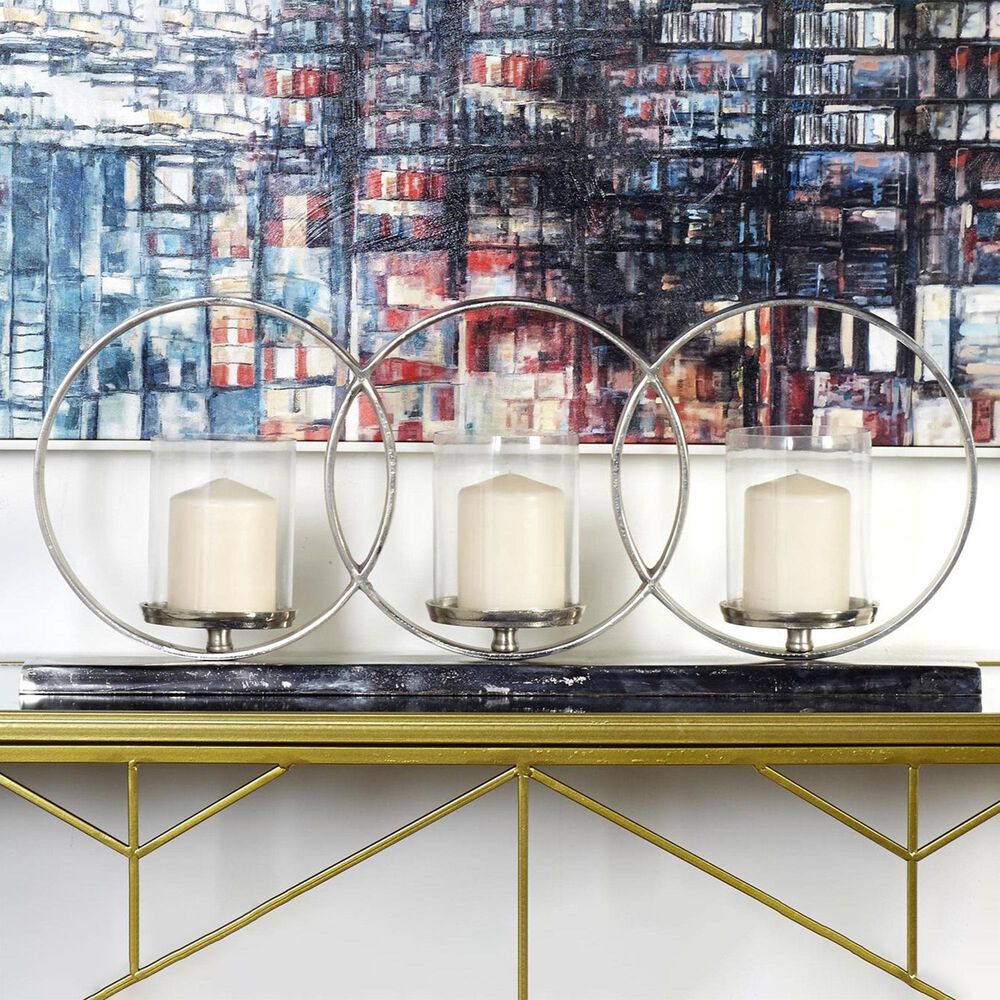 Maple and Jade Overlapping Rings Pillar 3 Plate Geometric Decorative Candelabra in Silver, , large