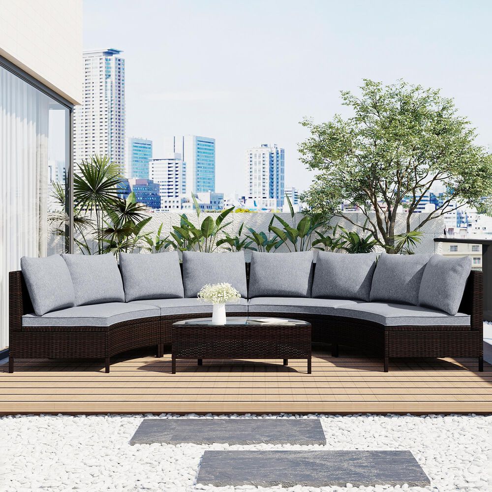HOMLUX 5 Pieces All-Weather Brown PE Rattan Wicker Sofa Set in Grey, , large