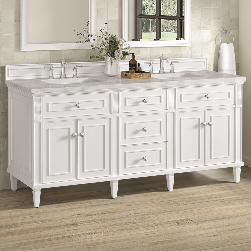James Martin Vanities Lorelai 72&quot; Double Vanity in Bright White with 3 cm Victorian Silver Quartz Top, , large
