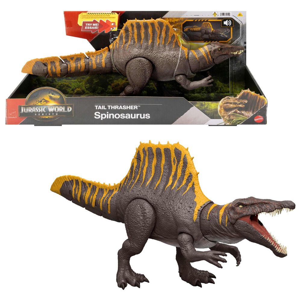 Jurassic World Rebirth Tail Thrasher Spinosaurus Action Figure in Brown and Yellow, , large