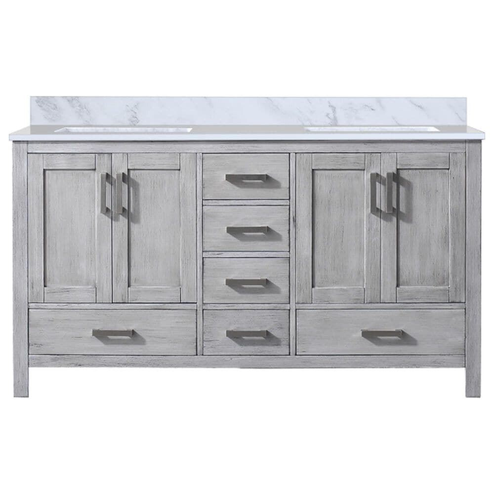 Lexora Home Jacques 60" Double Bathroom Vanity in Distressed Grey with 2 cm White Carrara Marble Top and Rectangular Sinks, , large