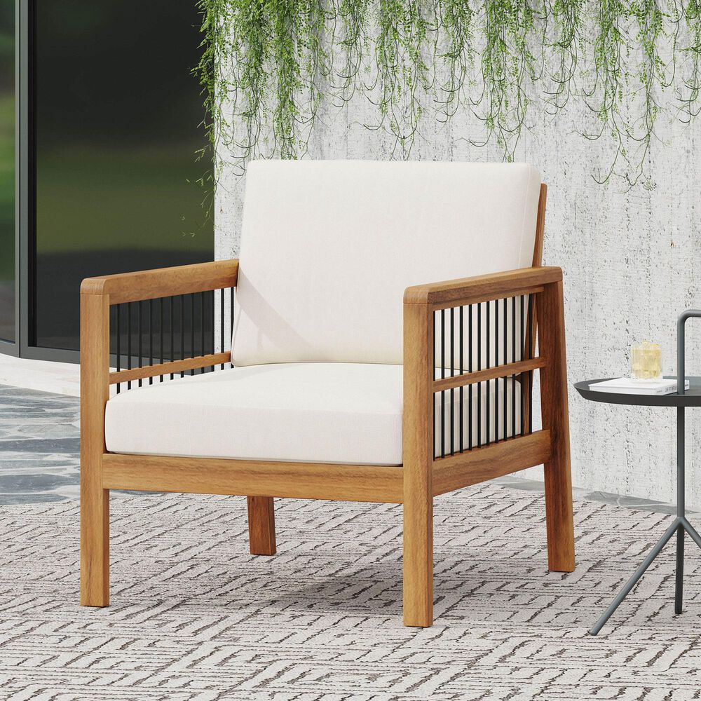 Hearth and Haven Outdoor Acacia Wood Club Chair with Beige Cushions and Slat Panel in Teak, , large