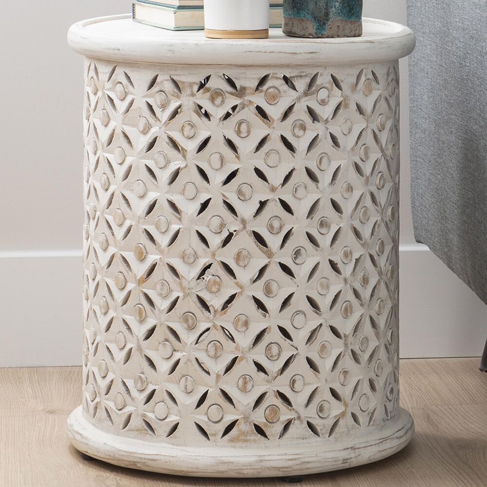 Linon Home Decor Inora Round Side Table in Distressed Antique White, , large