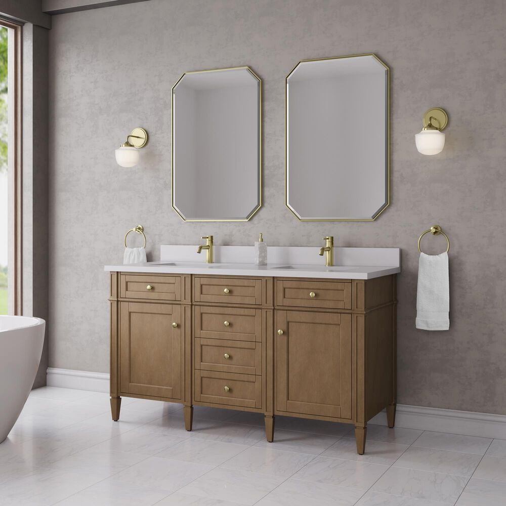 James Martin Brittany 60" Double Bathroom Vanity in Pecan with Single Hole 3 cm White Zeus Silestone Top and Rectangular Sinks, , large