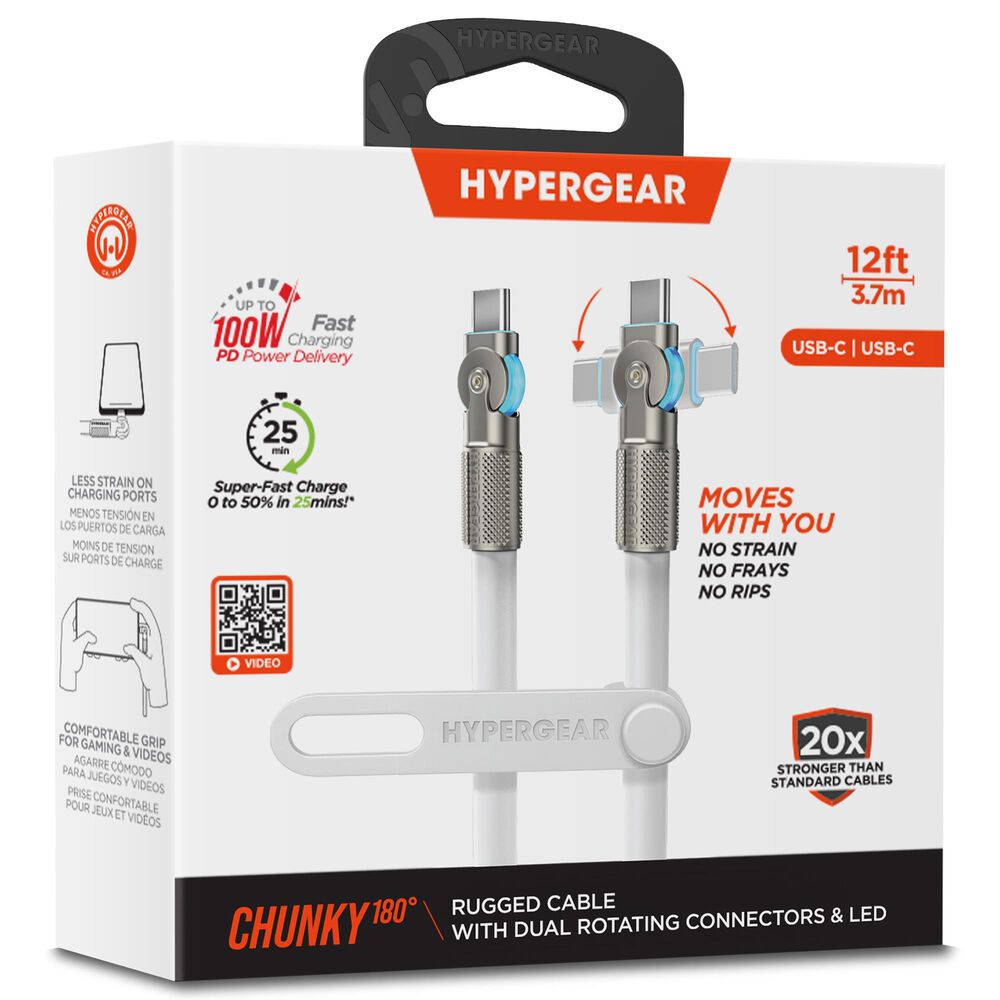Hypercel Chunky 180 Degrees 12" USB-C to USB-C Cable in White, , large