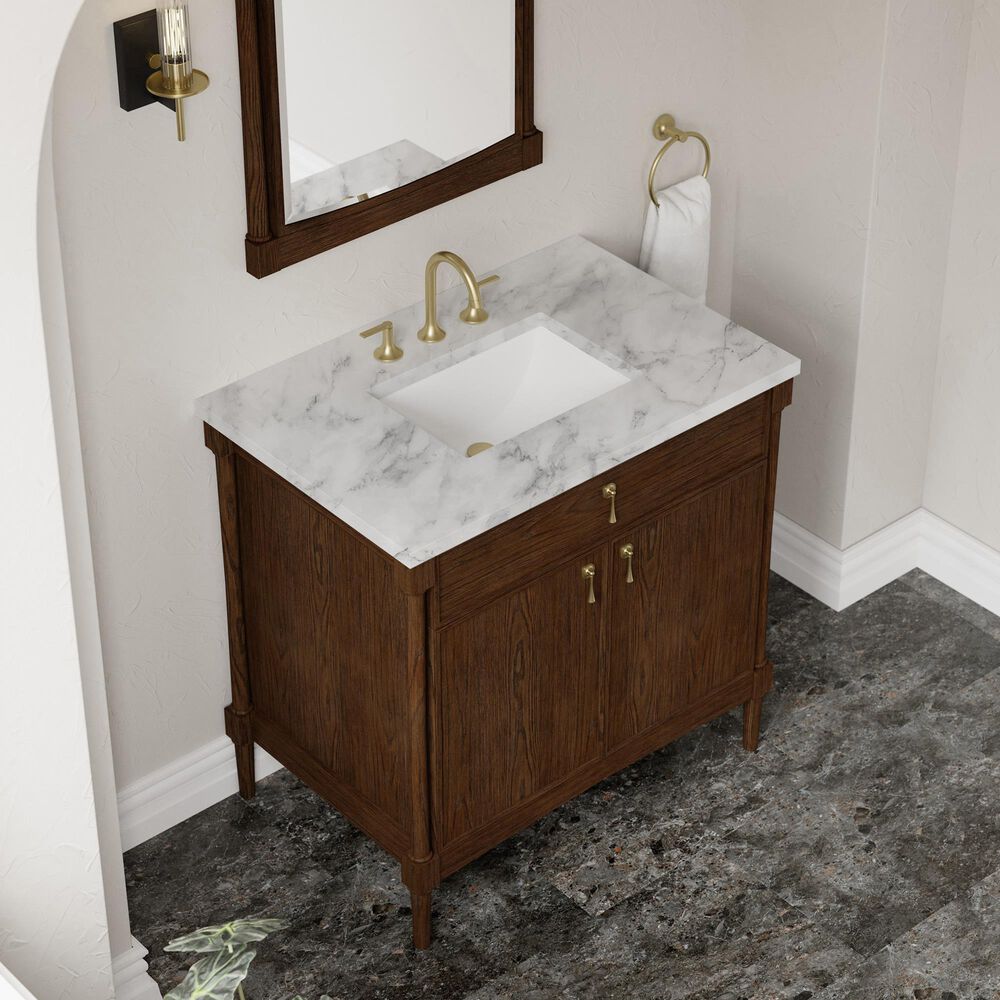 James Martin Kinnsden 36" Single Bathroom Vanity in Sable Oak with 3 cm Carrara Marble Top and Rectangular Sink, , large