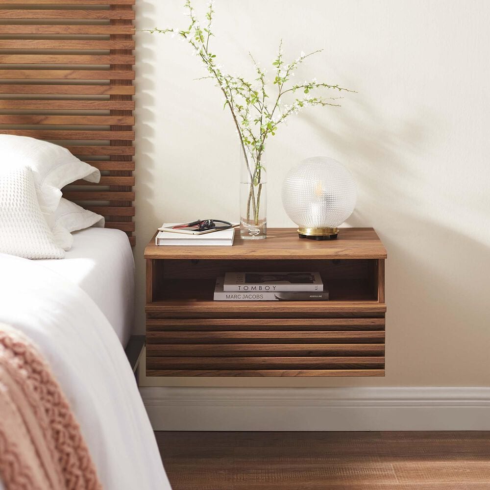 Modway Render 1 Drawer  and Shelf Wall Mount Nightstand in Walnut, , large
