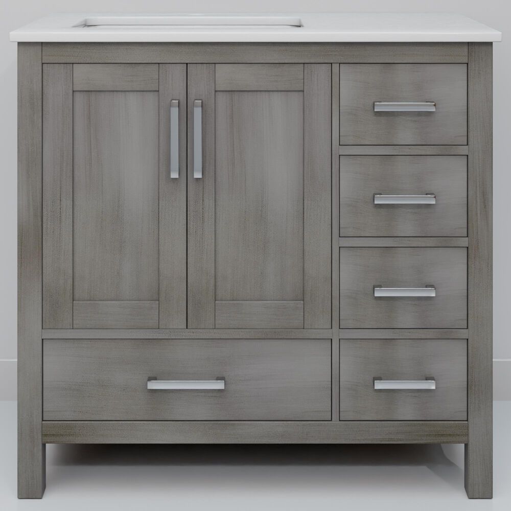 Lexora Home Jacques 36" Left Offset Single Bathroom Vanity in Distressed Grey with 2 cm White Cultured Marble Top and Rectangular Sink, , large