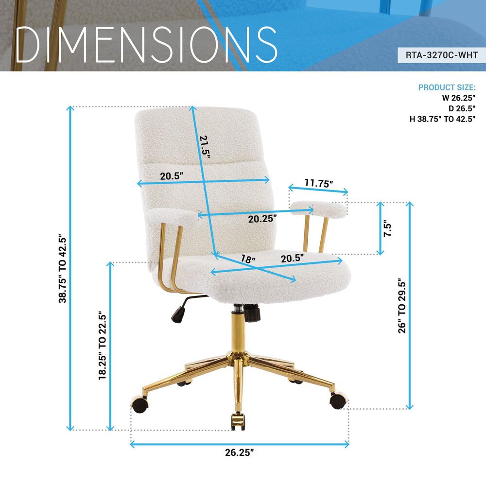 Rta Products Llc Elegant Textured Boucle Office Chair with Padded Arms in White, , large