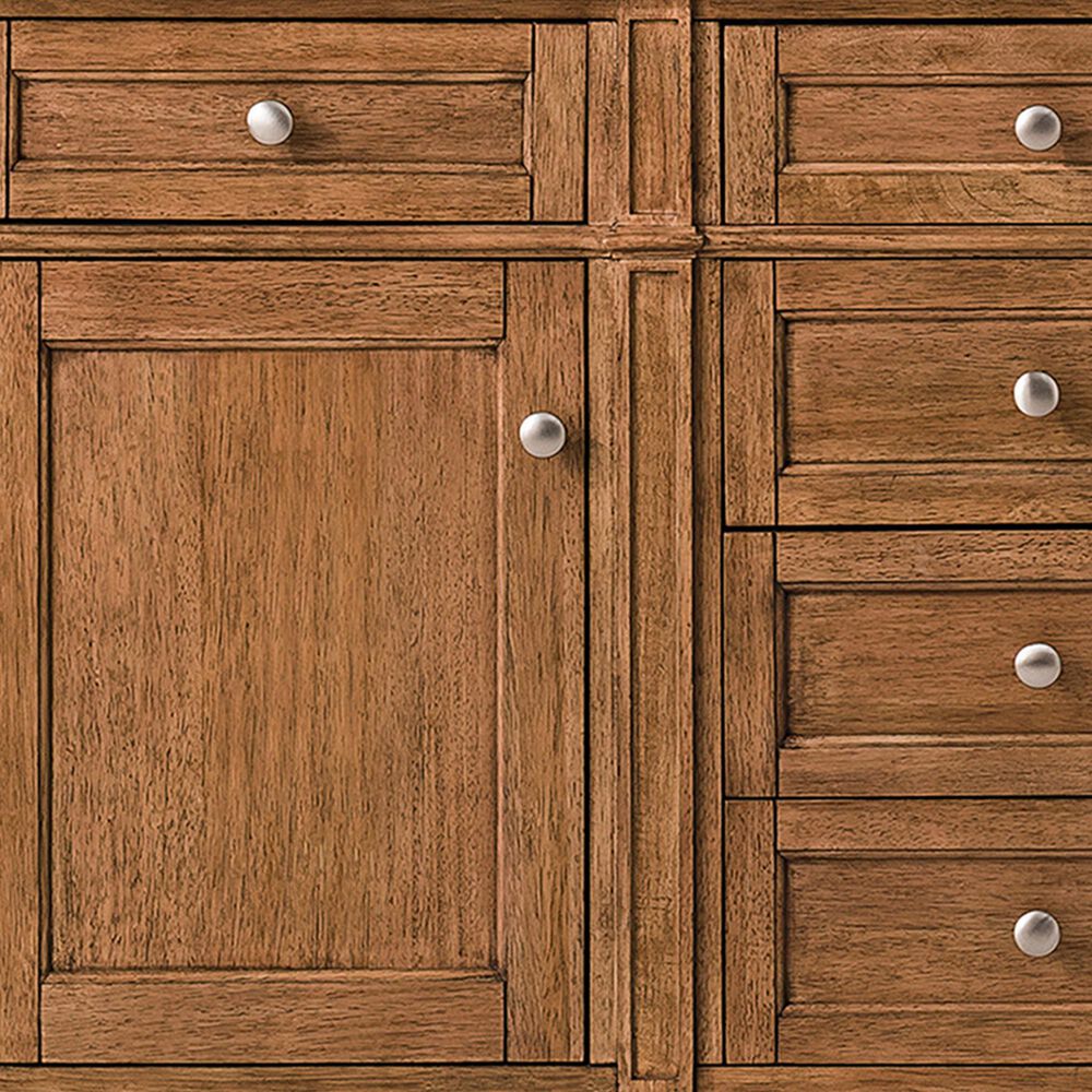 James Martin Vanities Brittany 60&quot; Double Bathroom Vanity in Saddle Brown with 3 cm White Zeus Quartz Top and Rectangular Sinks, , large