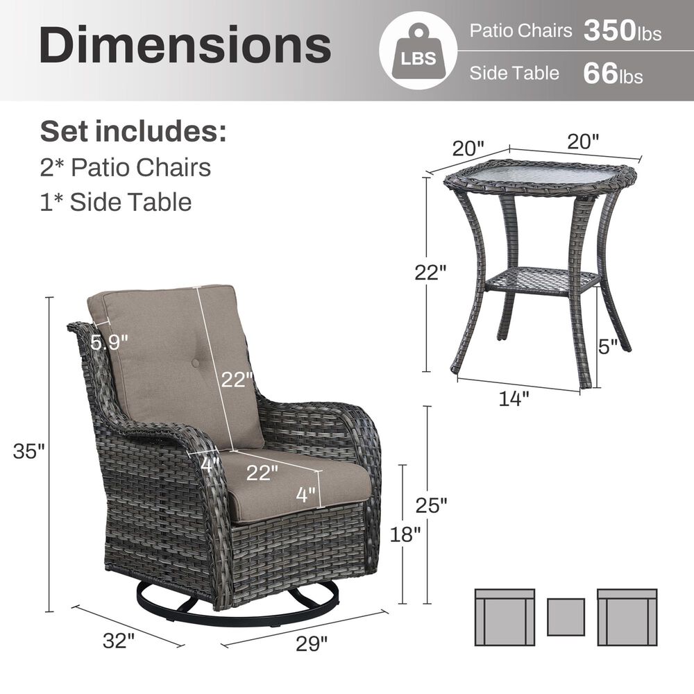 Sunwell Garden 3-Piece Patio Chat Set in Gray, , large