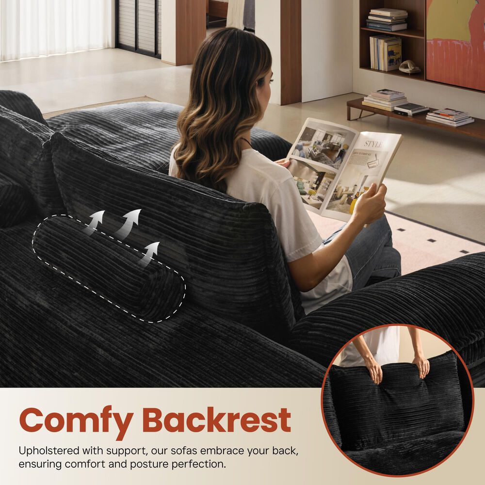 HOMLUX 112" Modern Sectional Sofa with Curved Armrests in Black, , large