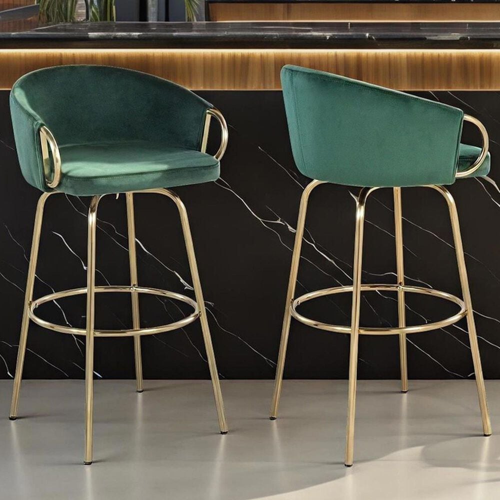 LumiSource Claire Swivel Barstool with Green Velvet Upholstery in Gold (Set of 2), , large