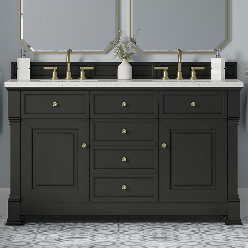 James Martin Vanities Brookfield 60&quot; Double Bathroom Vanity in Black Onyx with 3 cm Lime Delight Quartz Top and Rectangular Sinks, , large