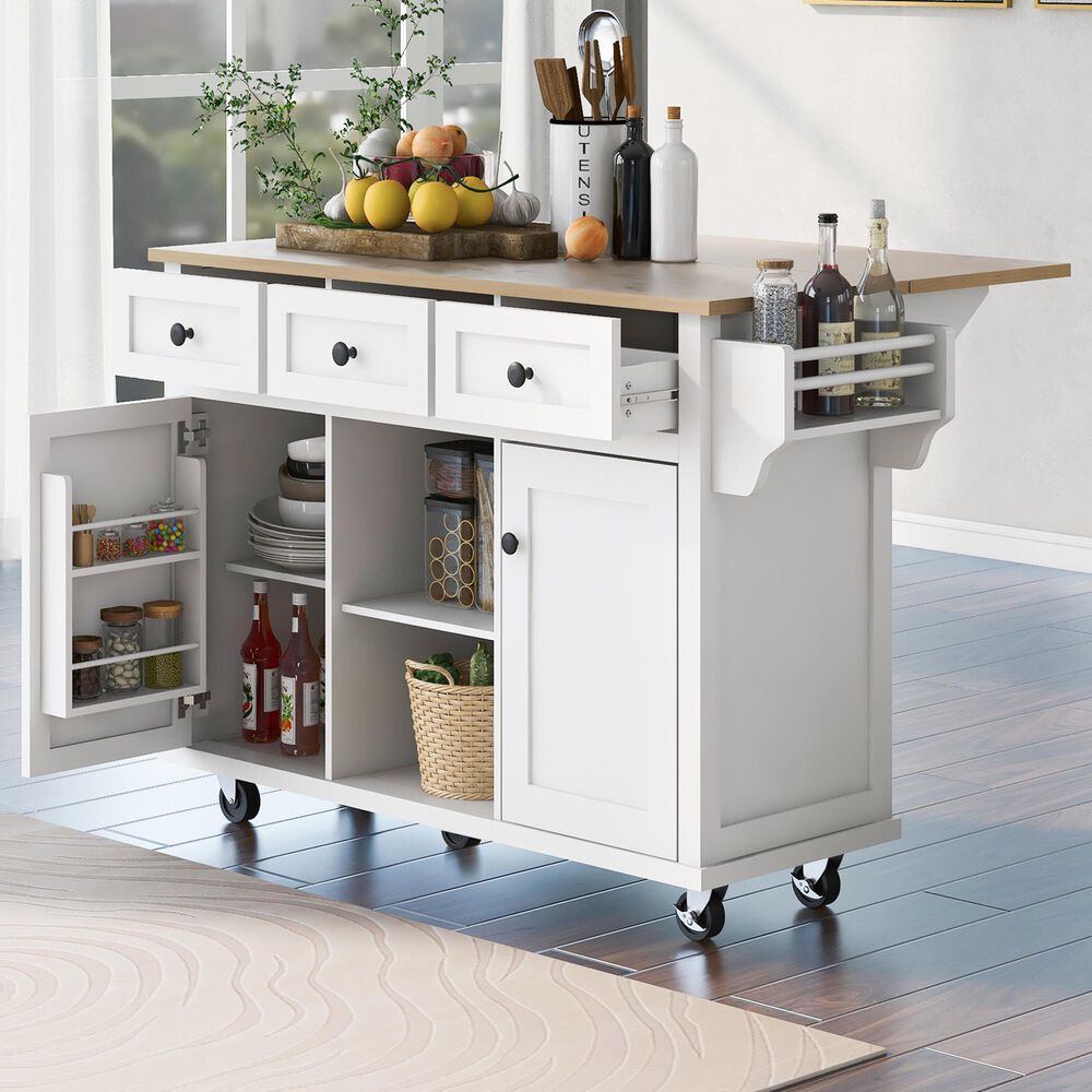 HOMLUX 53" Kitchen Island with Drop-Leaf in White, , large