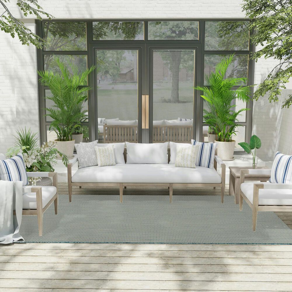 Nourison Courtyard Ivory and Aqua 6&#39; x 9&#39; Indoor/Outdoor Area Rug, , large